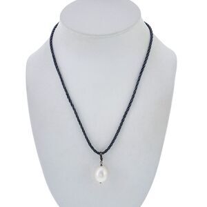 Vintage Sterling Silver 28mm White Baroque Pearl Pendant Gray Cord Necklace 19"